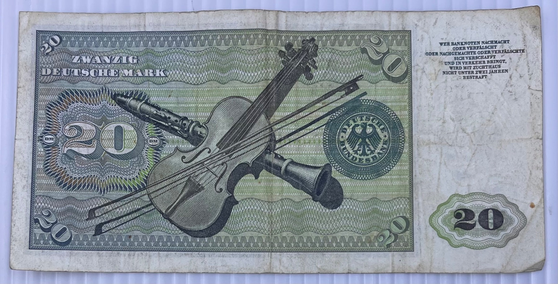 Germany (Federal Republic/West Germany) 1960 20 Deutsche Mark (DM) P-36 Circulated World Banknote Note Shown — back