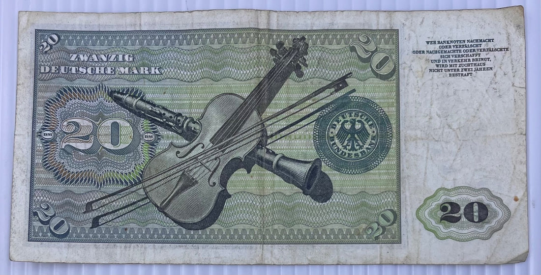Germany (Federal Republic/West Germany) 1960 20 Deutsche Mark (DM) P-36 Circulated World Banknote Note Shown — back