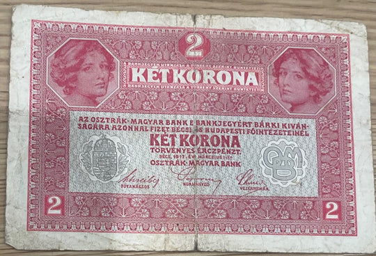 Austria 1917 2 Kronen P-21 Circulated World Banknote — back