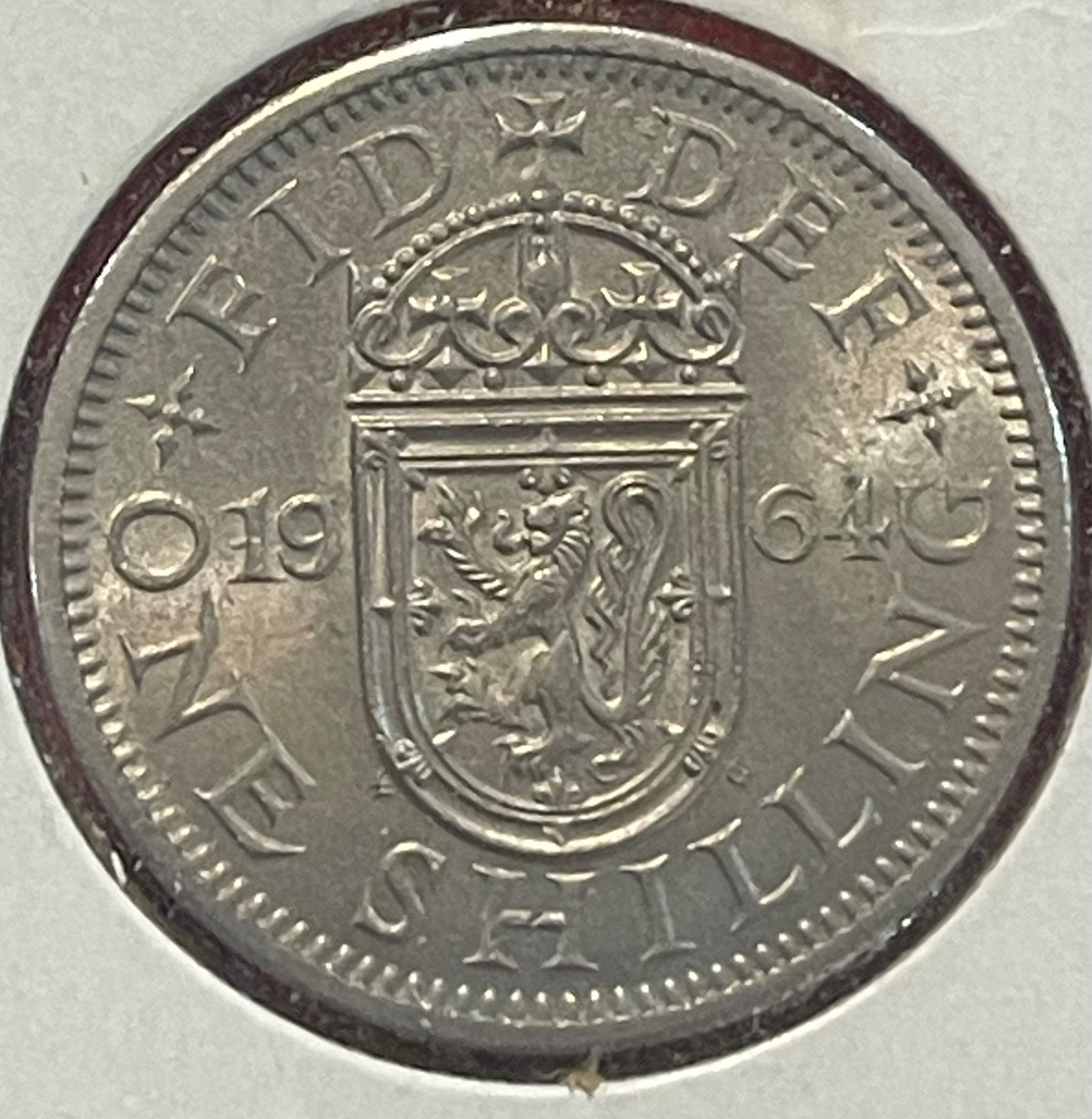 England 1964 One Shilling Circulated World Coin Item Shown — back