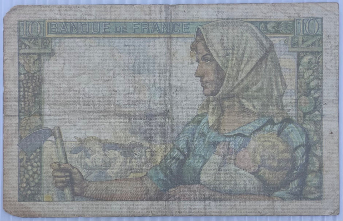 France 1942 10 Francs (type) (type) P-100 (type) Circulated World Banknote — back