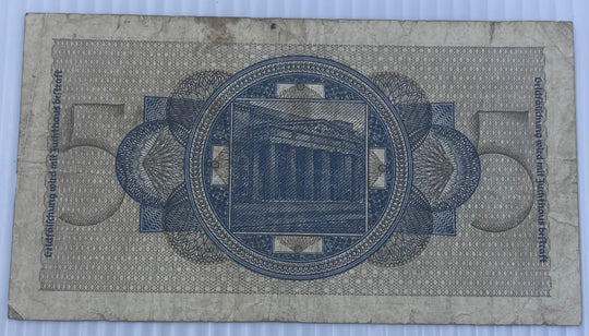 Germany 1940 5 Reichsmark P-R138a Circulated World Banknote — back