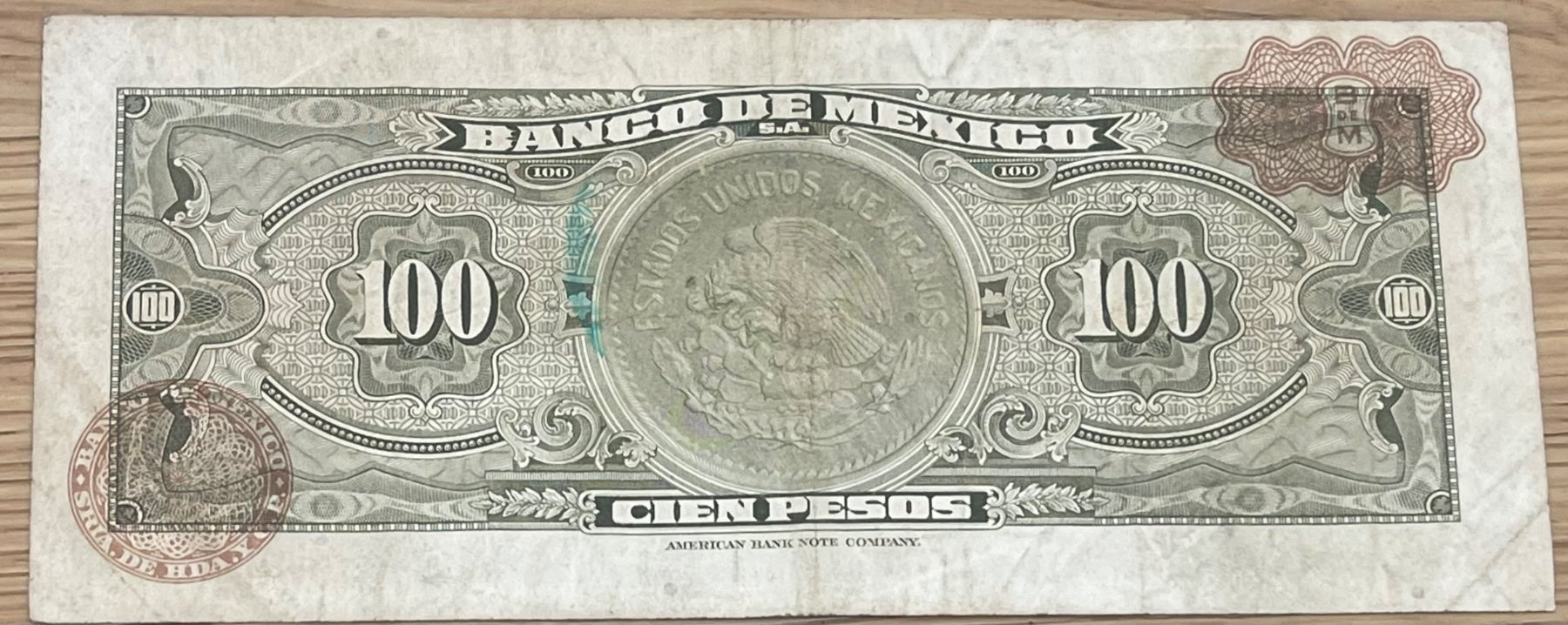 Mexico 1967 100 Pesos P-61 Circulated World Banknote — back