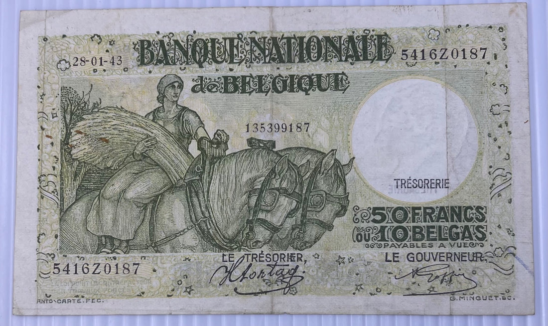 Belgium 1943 50 Francs (10 Belgas) Belgian franc P-133 Circulated World Banknote Note Shown — back