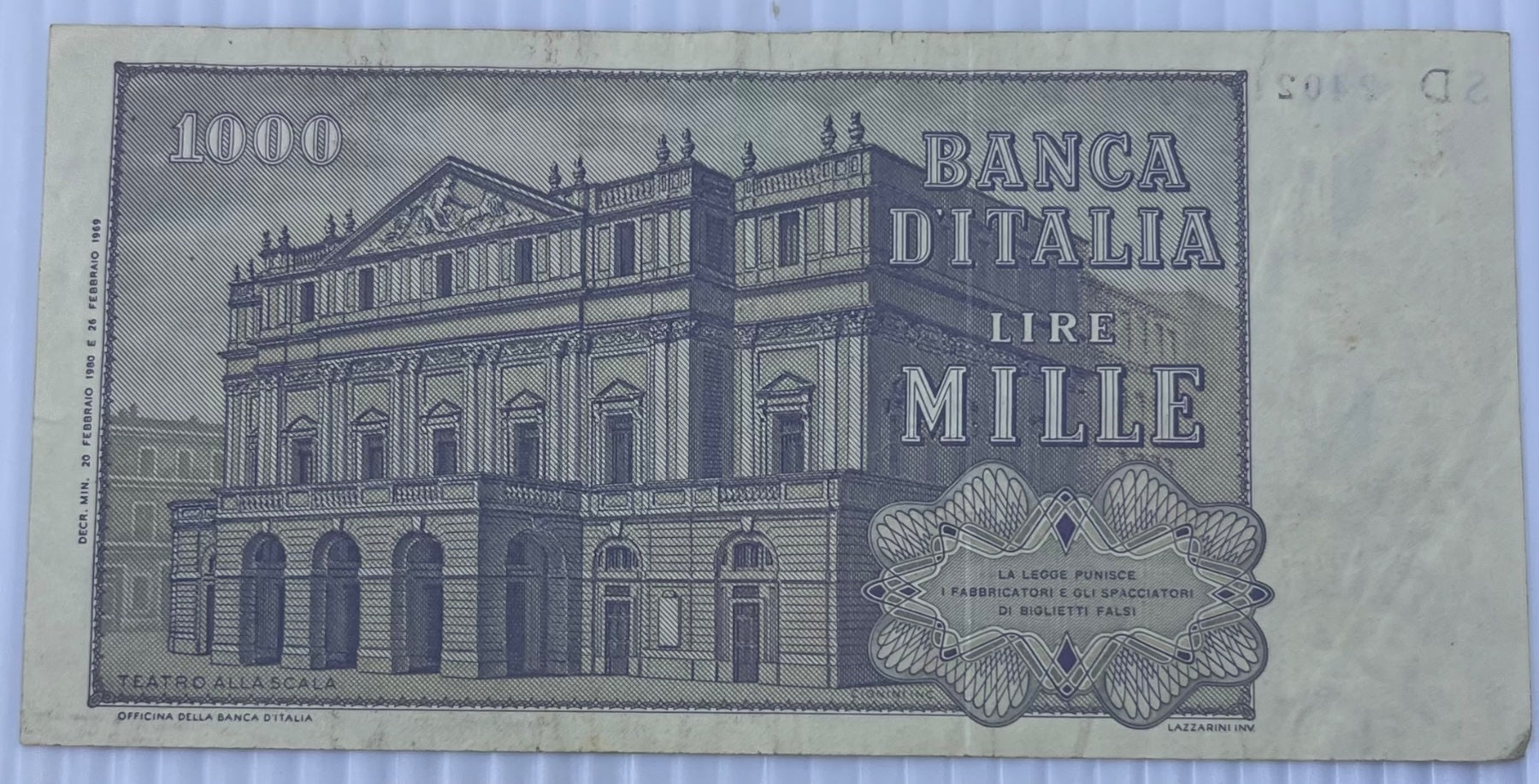 Italy 1969 1000 Lire P-110 Circulated World Banknote Note Shown — back
