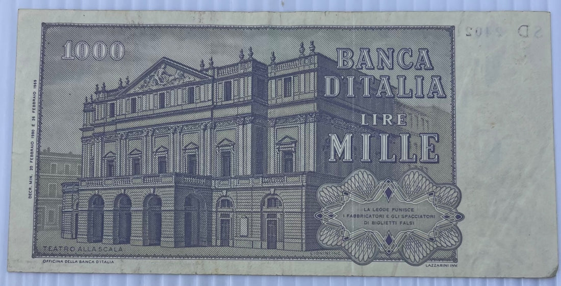 Italy 1969 1000 Lire P-110 Circulated World Banknote Note Shown — back