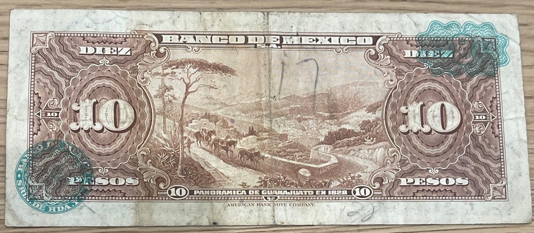 Mexico 1961 10 Pesos P-58 Circulated World Banknote — back