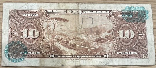 Mexico 1961 10 Pesos P-58 Circulated World Banknote — back