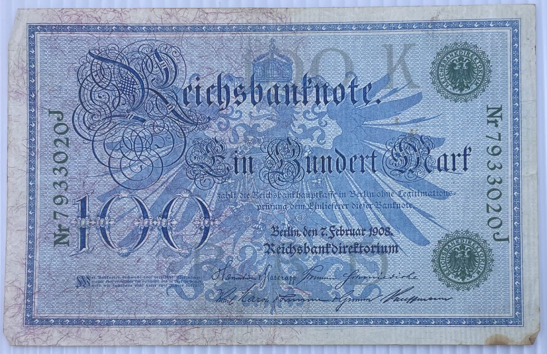 Germany (German Empire) 1908 100 Mark P-35 Circulated World Banknote — back