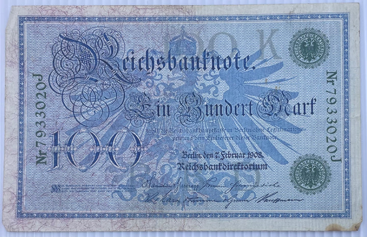 Germany (German Empire) 1908 100 Mark P-35 Circulated World Banknote — back