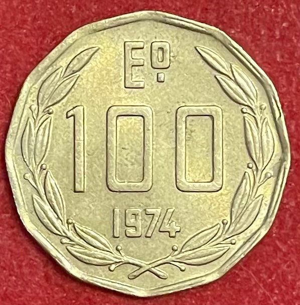 Chile 1974 100 Escudos Escudo (CL Escudos) Circulated World Coin Item Shown — back