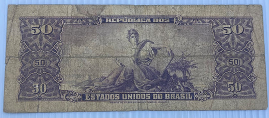 Brazil 1954 50 Cruzeiros P-152 Circulated World Banknote — back