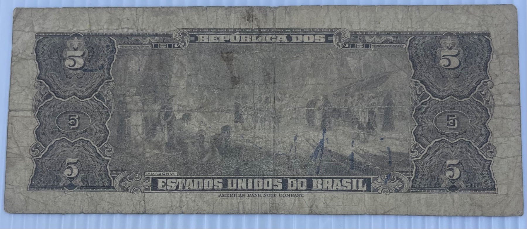 Brazil 1943 5 Cruzeiros P-134 Circulated World Banknote — back