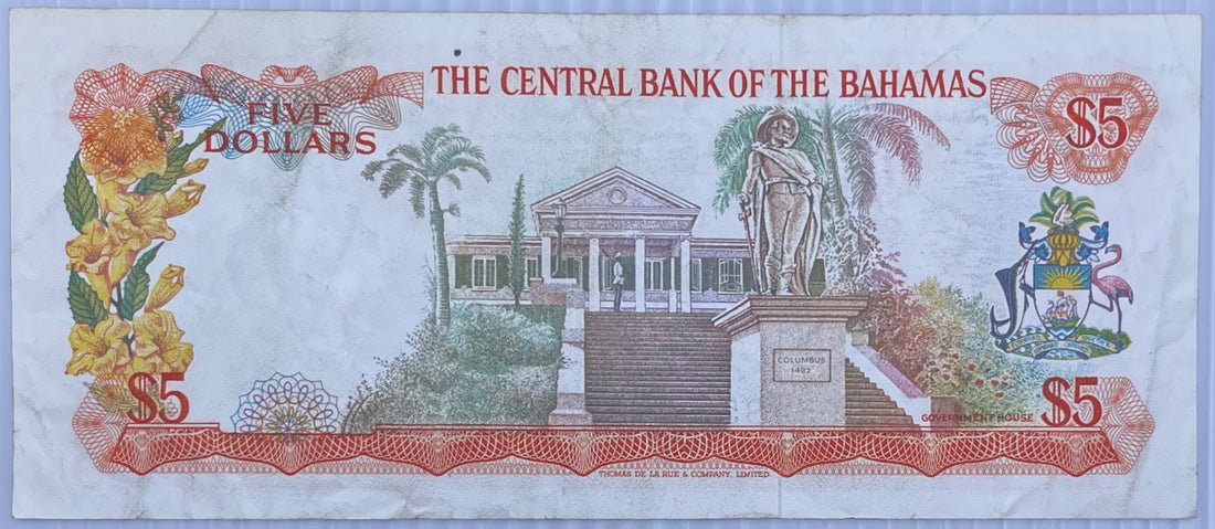 Bahamas 1974 $5 Bahamian Dollar Circulated P-37 World Banknote Note Shown — back