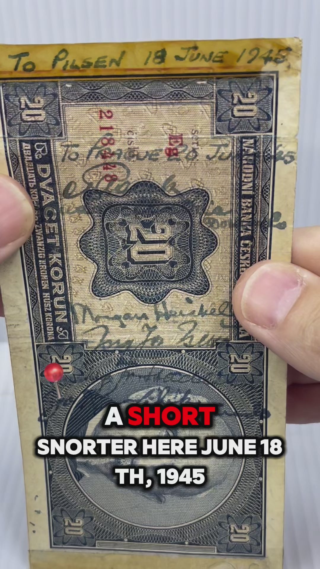 Czechoslovakia 1926 20 Korun P-21 Used World Banknote Short Snorter WW2