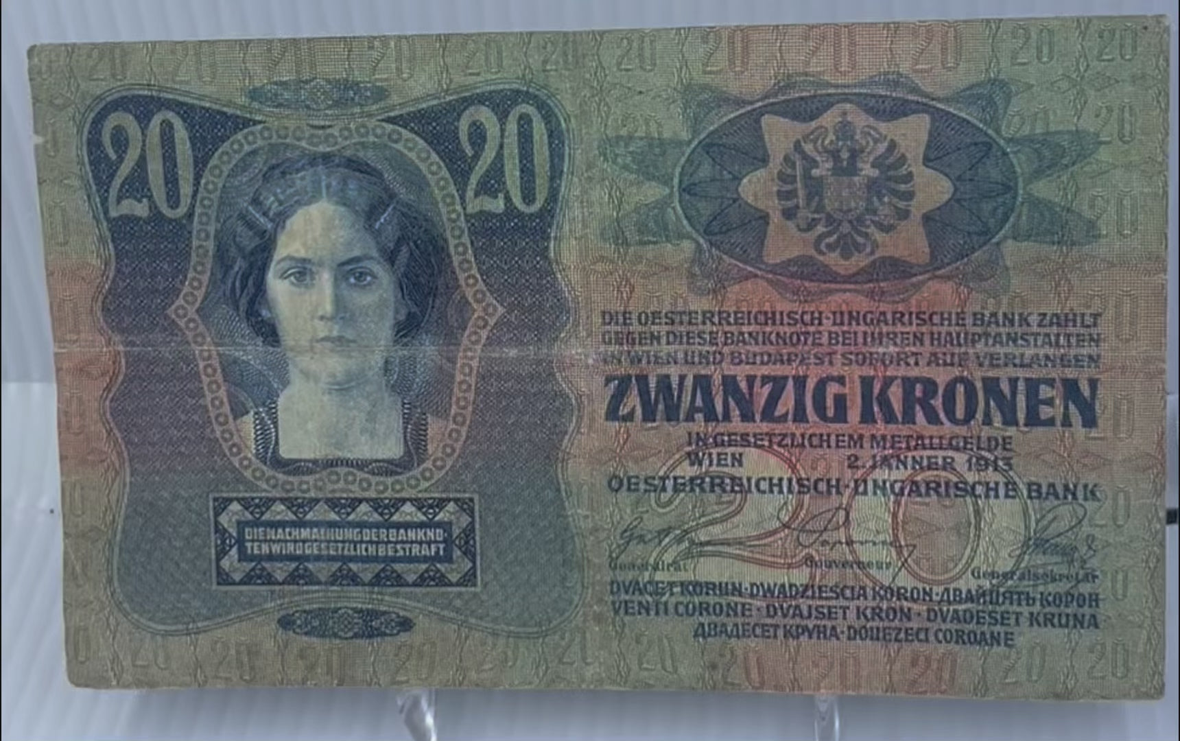 Austria 1913 20 Kronen P-13 Used World Banknote From Lot